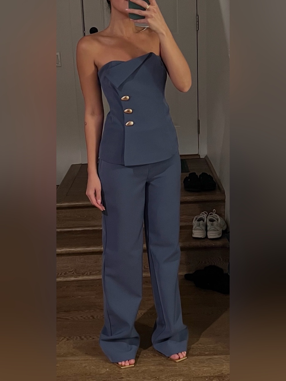 Tailored Wide-Leg Dress Pants and Matching Strapless Top- Slate Blue